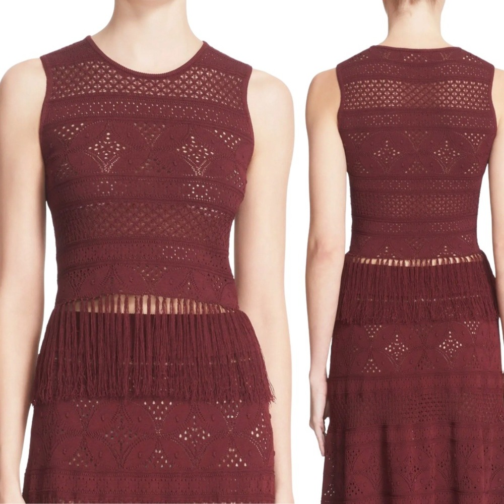 ALC‎ Top Burgundy Pointelle Knit Fringe Hem Sleeveless Tank Top Wine Red Size M